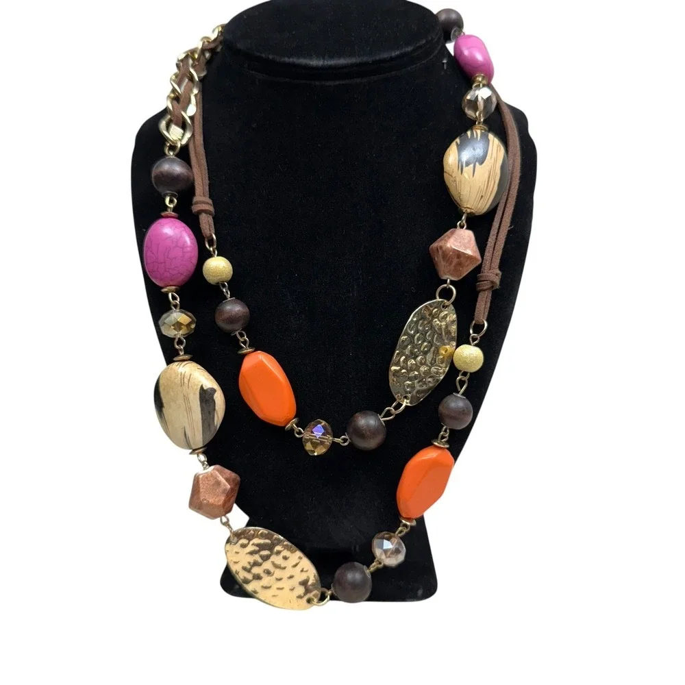 Beaded Statement Necklace Long Faux Suede Colorful Bohemian Fashion Jewelry 42in